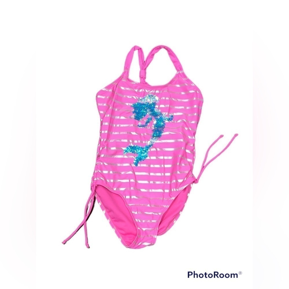 #Girlsquad Pink‎ Silver Striped One Piece Bathing Suit with Sequin Mermaid Sz 10